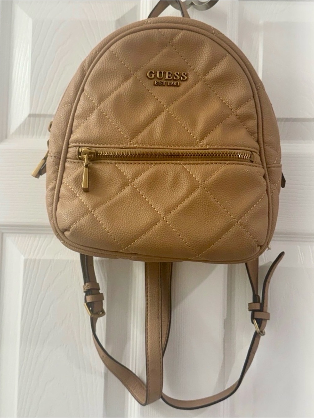 GUESS Abey Quilted Faux Leather Mini Backpack Camel Beige